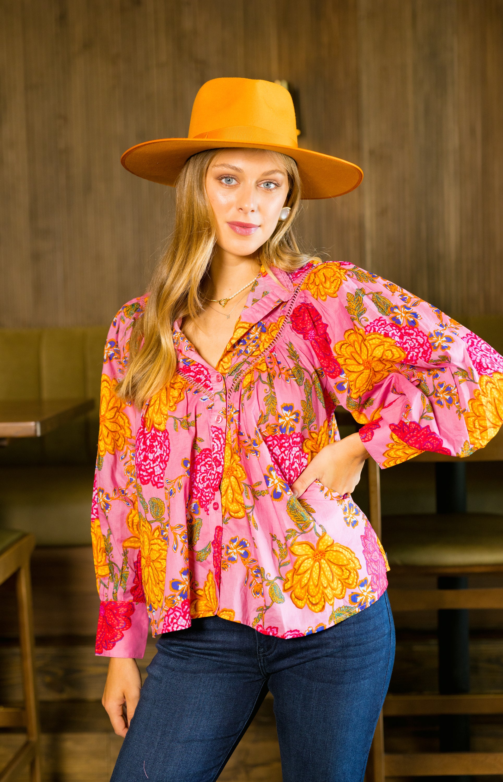 Olivia Button Down Top, PINK FLORAL