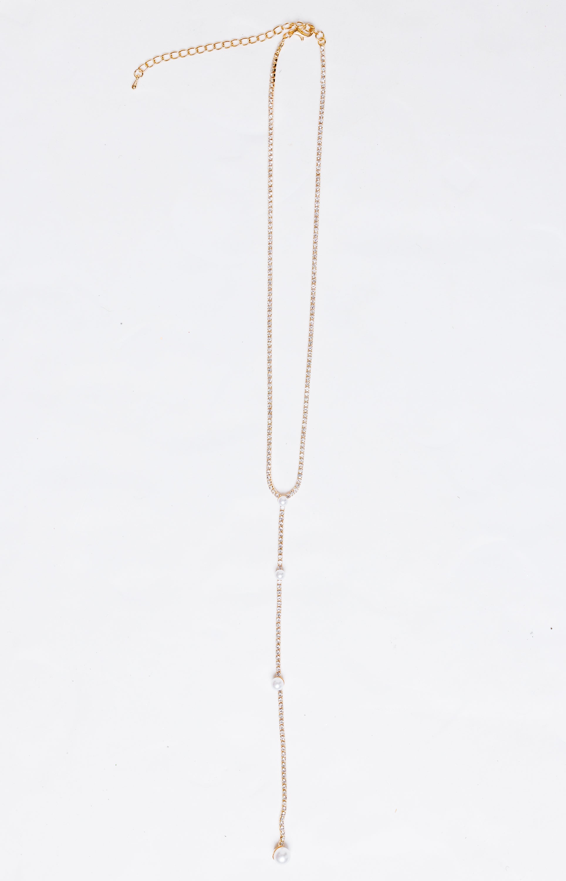 Long Rhinestone Pearl Necklace, GOLD