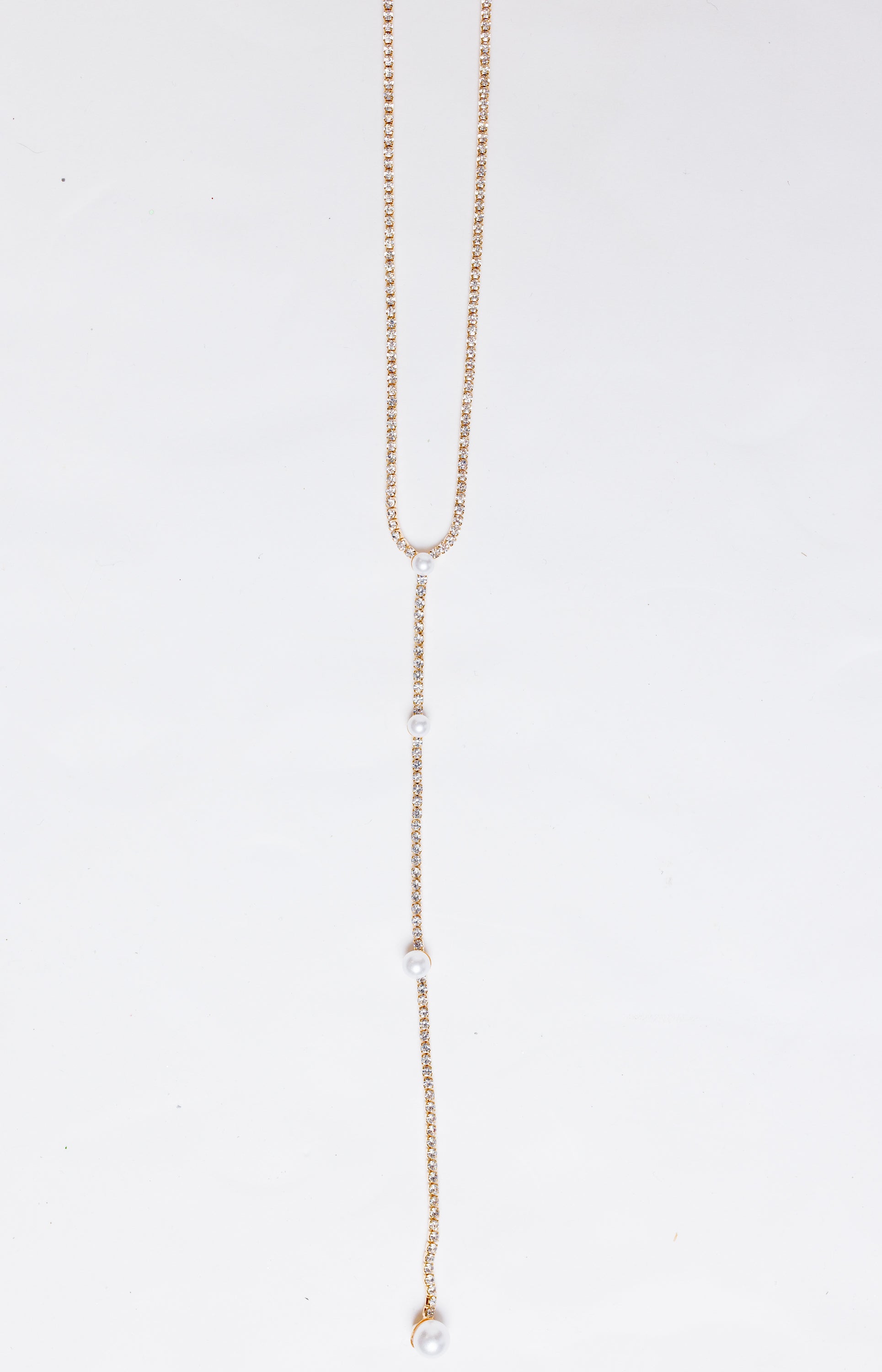 Long Rhinestone Pearl Necklace, GOLD