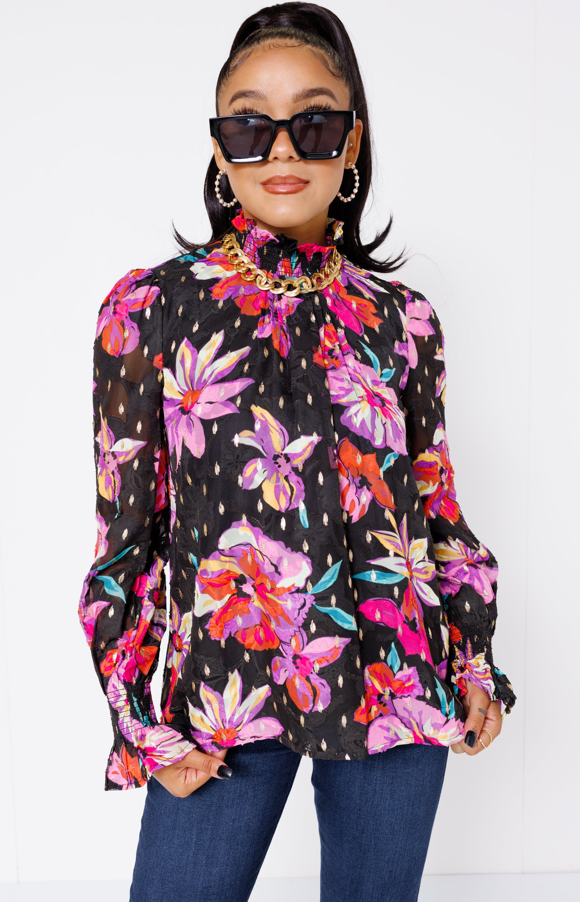 Floral Elegance Top, BLACK MULTI