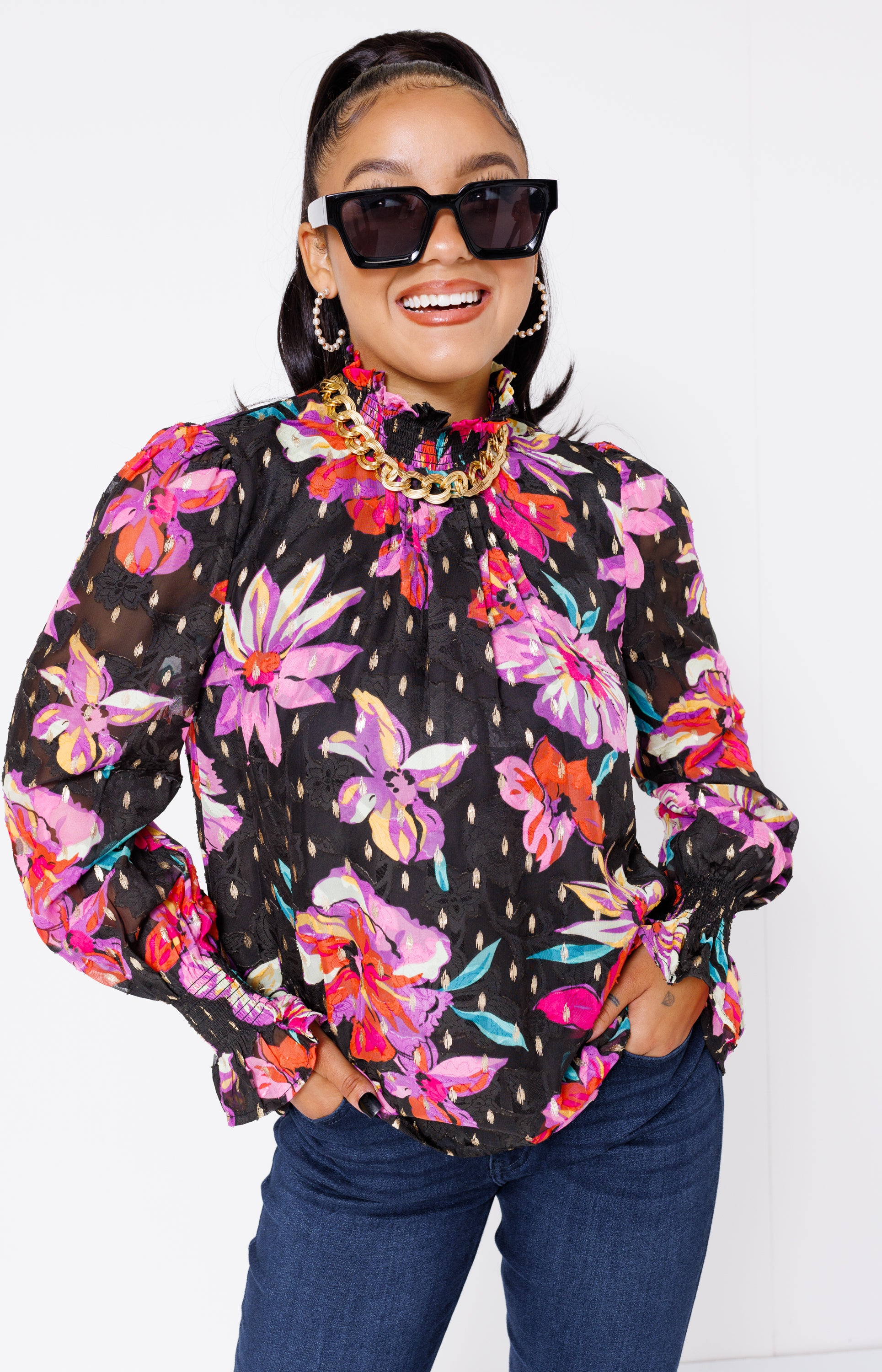 Floral Elegance Top, BLACK MULTI