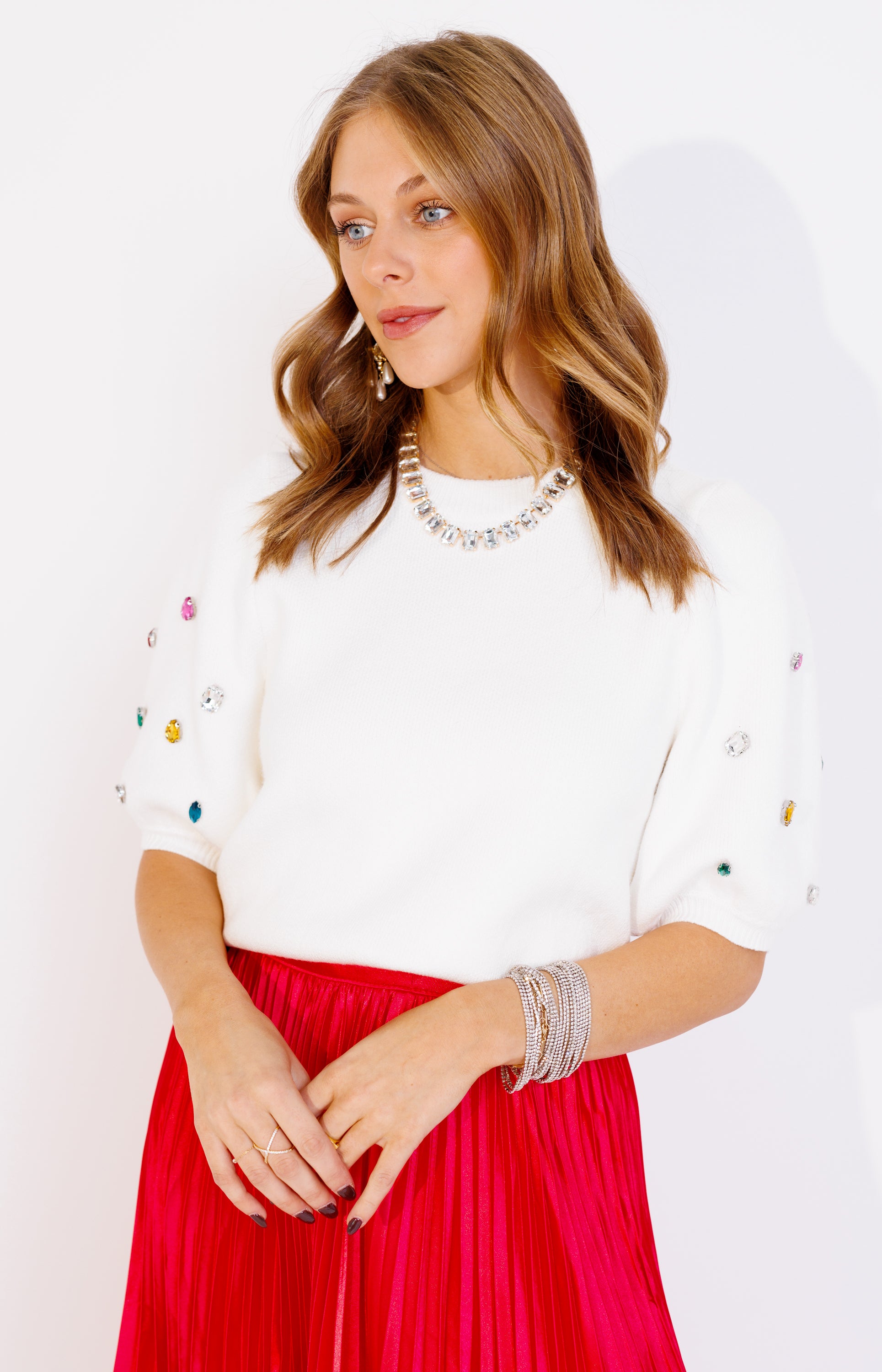 Crystal Puff Sweater Top, OFF WHITE