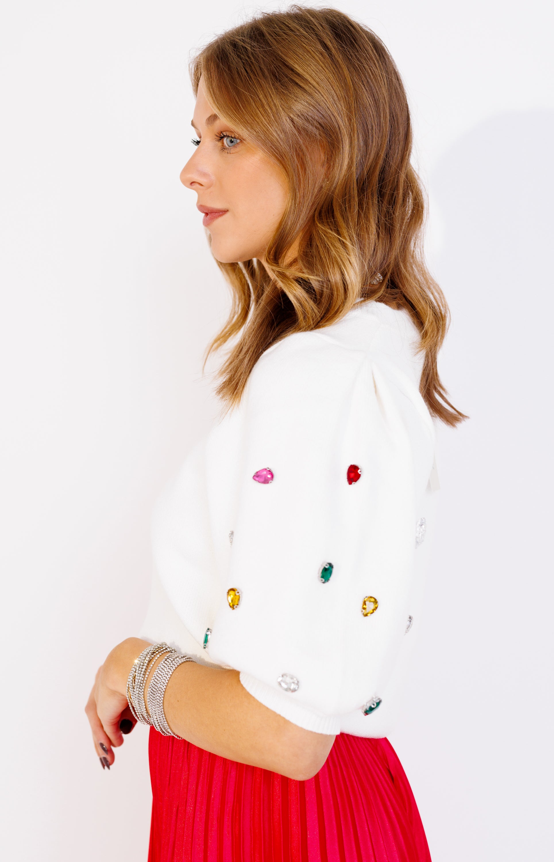 Crystal Puff Sweater Top, OFF WHITE