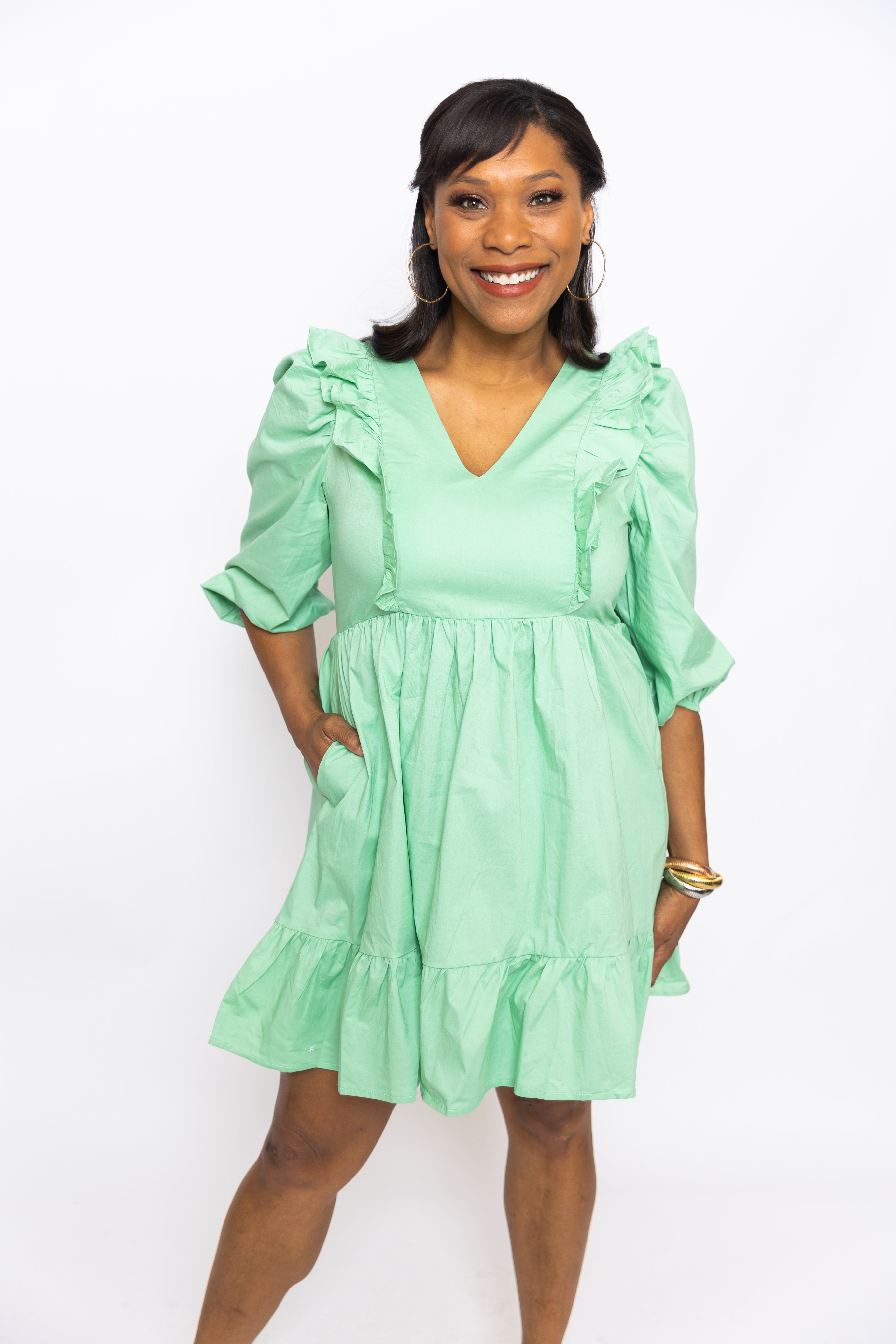 Karlie: Solid Poplin Ruffle Tier Dress, GREEN