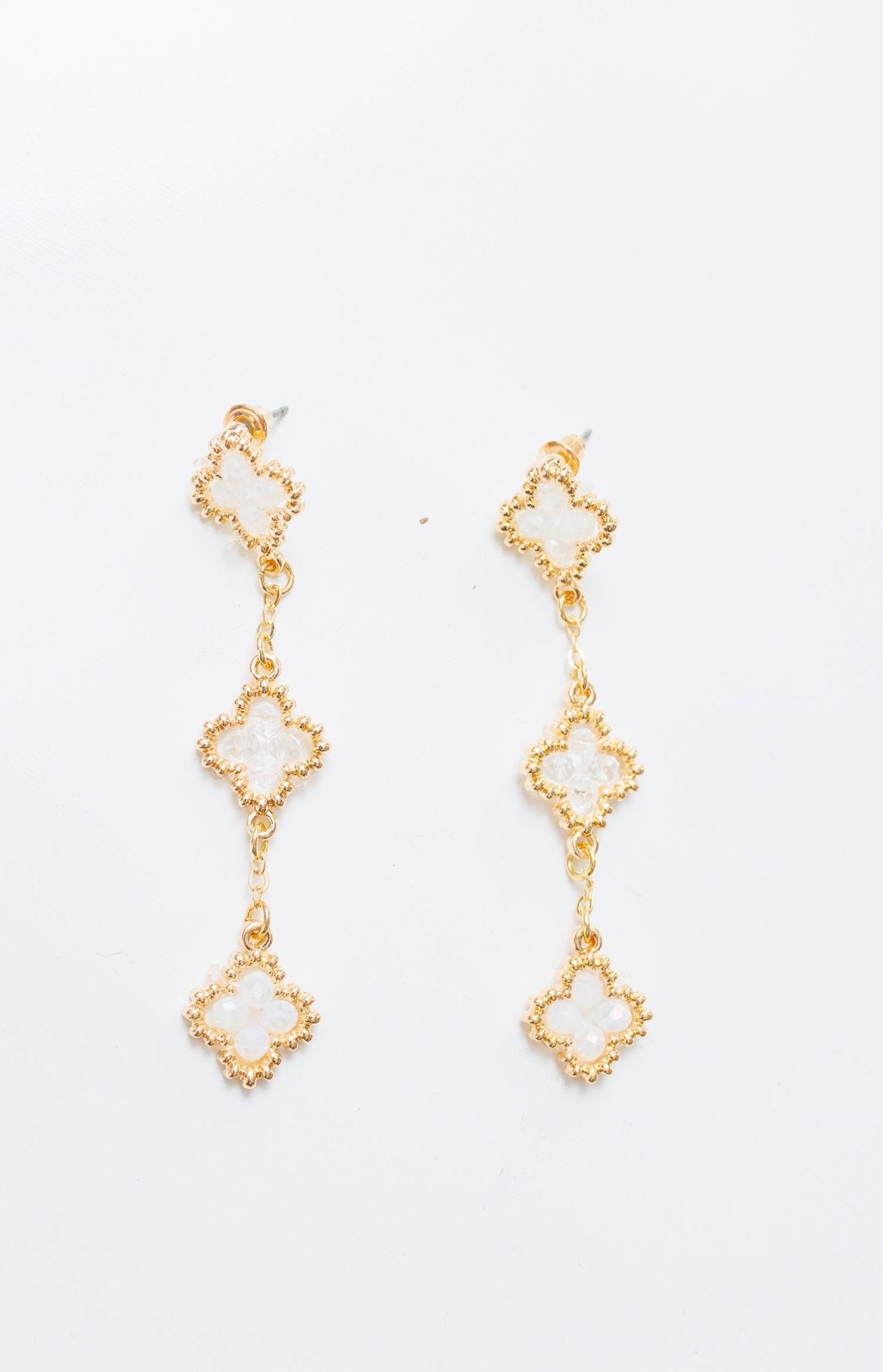 Clover Drop Earrings, GOLD/CLEAR - HerringStones