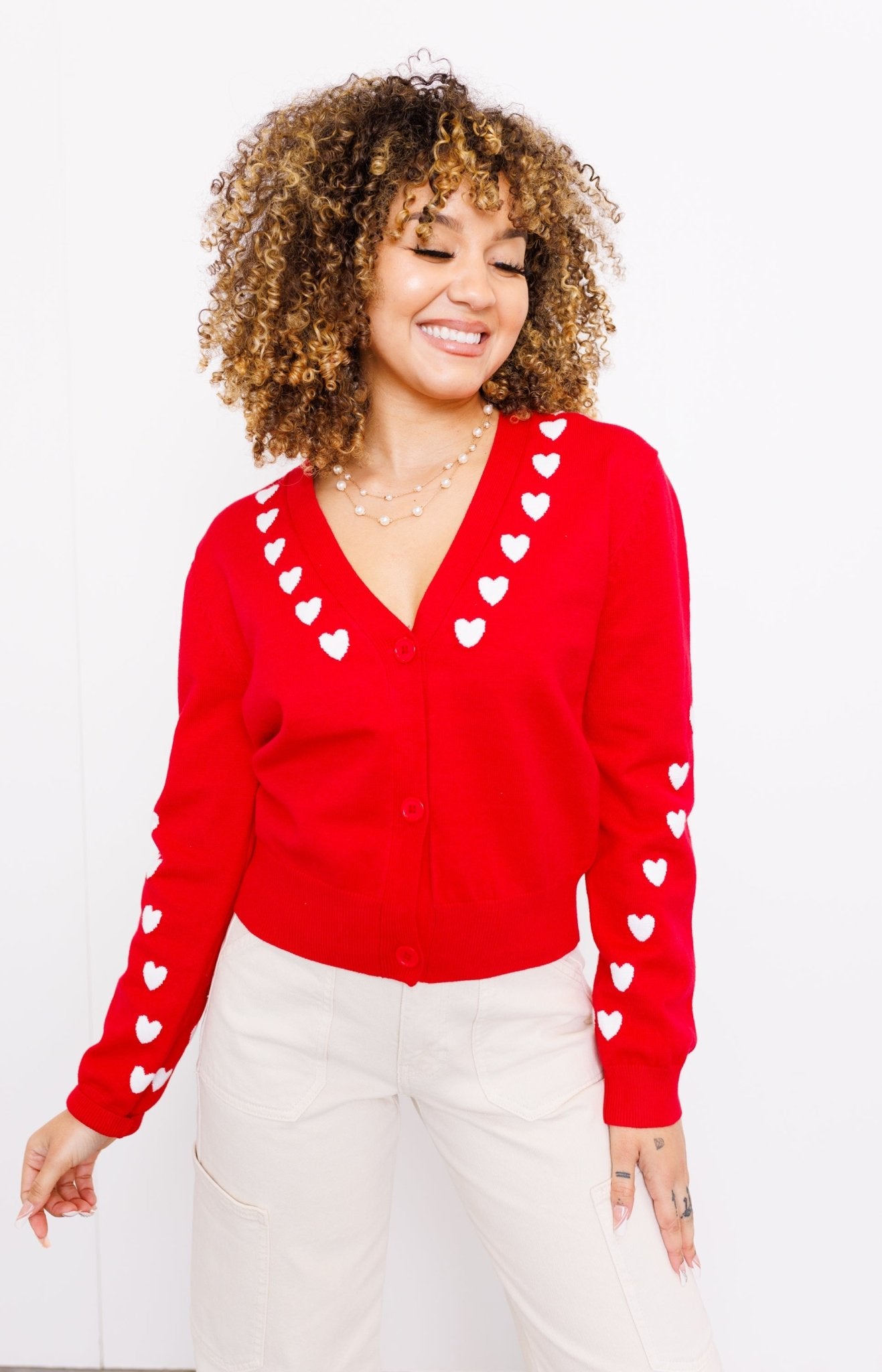 Endless Rose: Heart Contrast Knit Cardigan, RED Jackets - 20J
