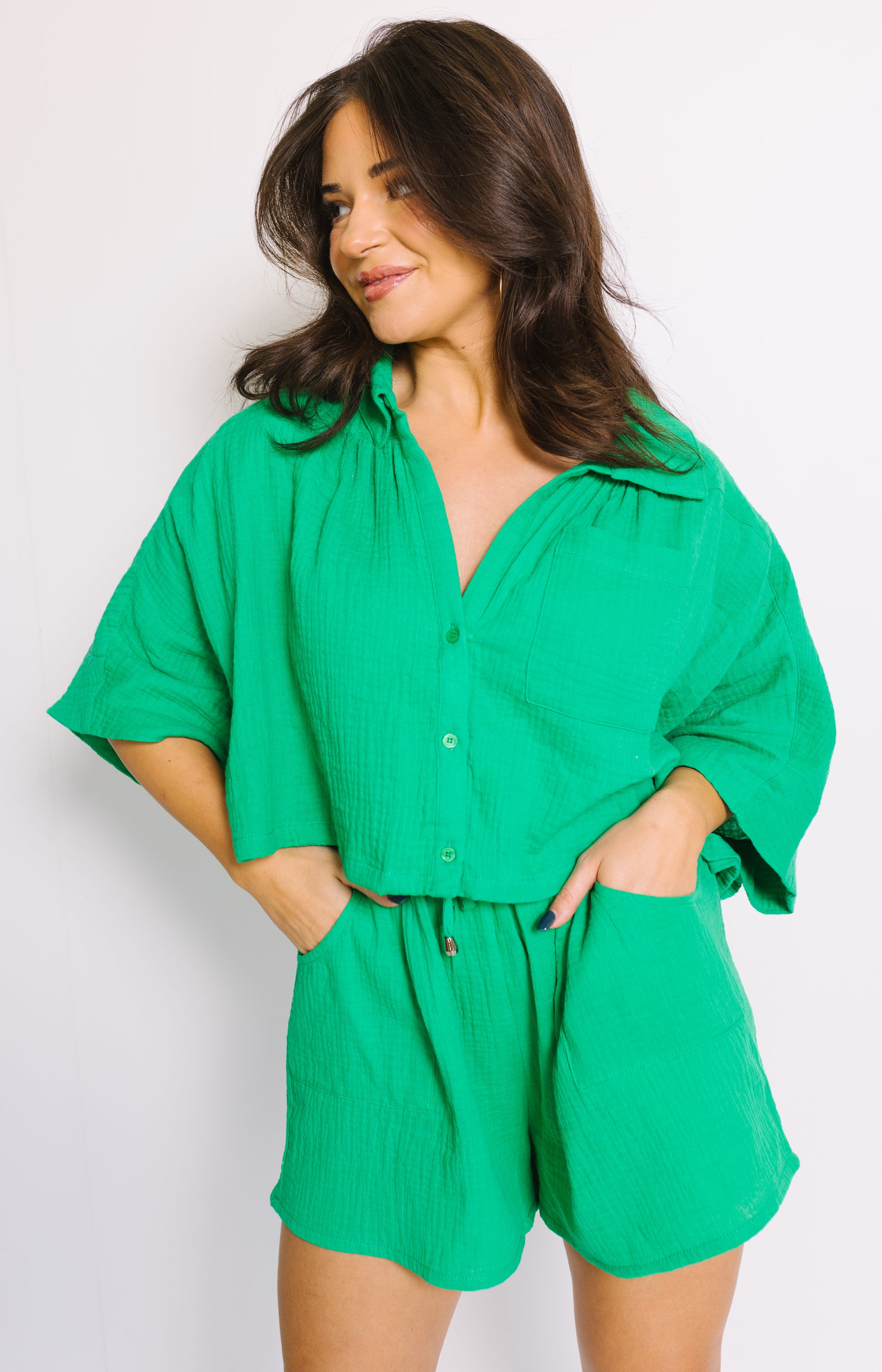 Another Day Button-Up Top, GREEN