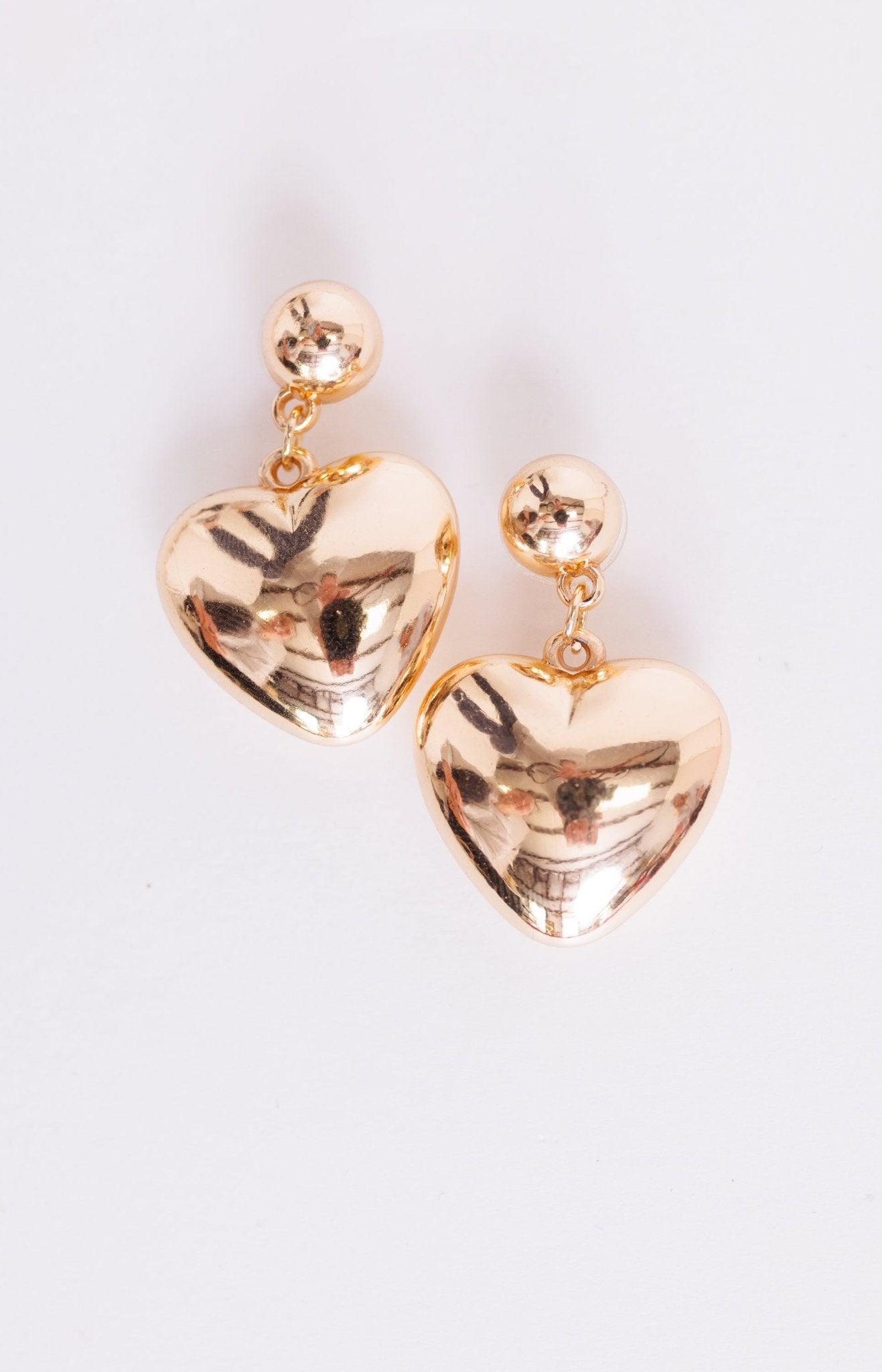 Puffy Heart Shaped Dangle Earrings, GOLD Earrings - 56E