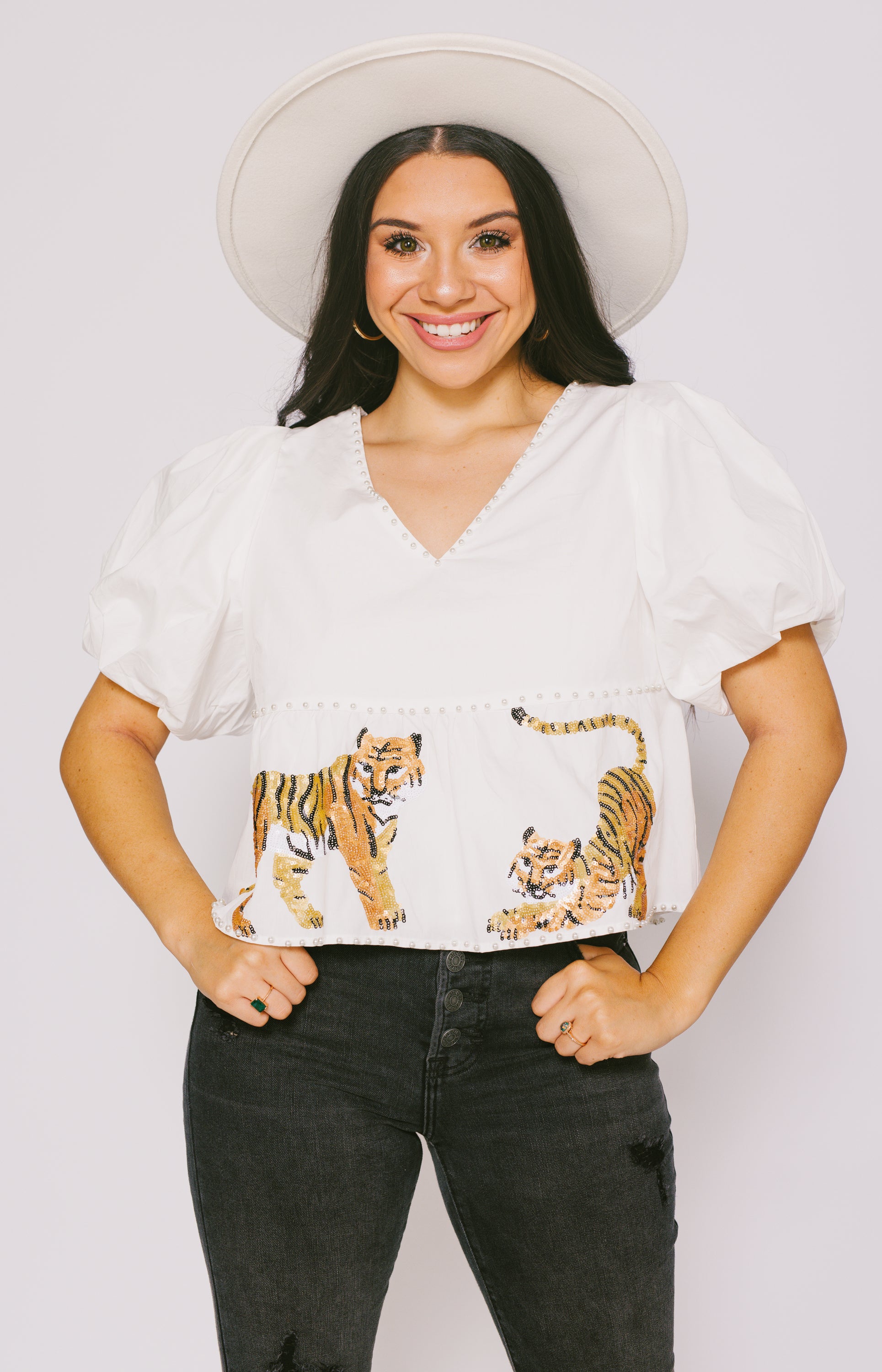 Queen Of Sparkles: Tiger Peplum Cotton Poof Sleeve Top - White