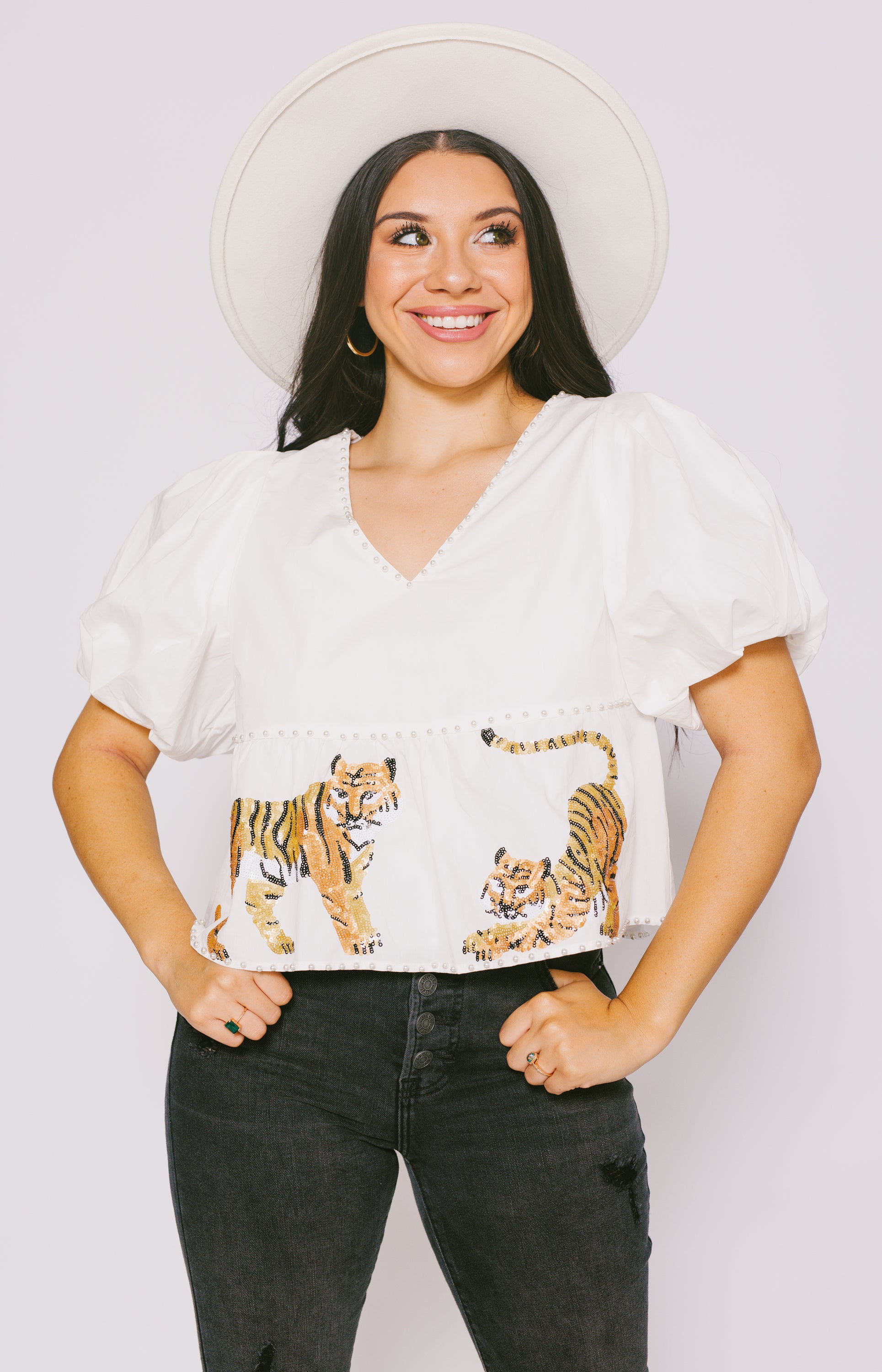 Queen Of Sparkles: Tiger Peplum Cotton Poof Sleeve Top - White
