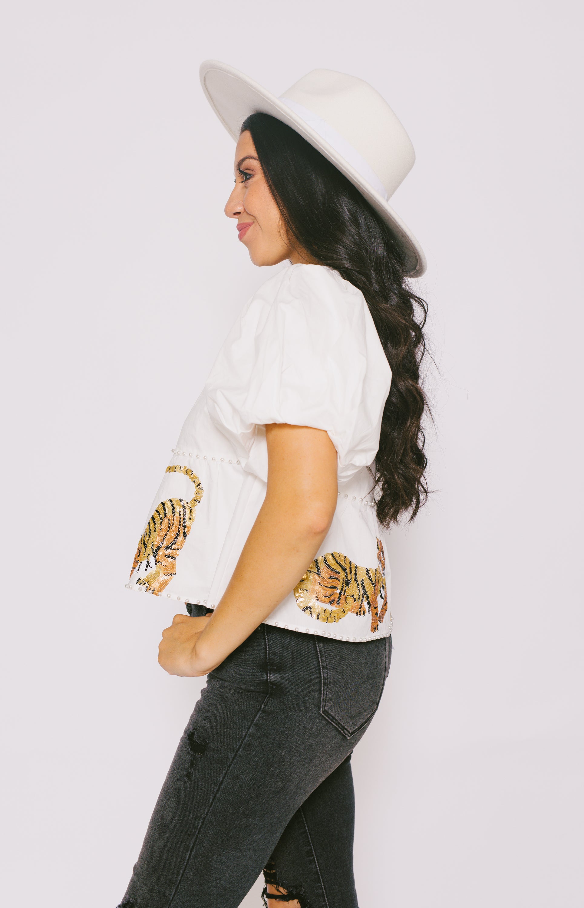Queen Of Sparkles: Tiger Peplum Cotton Poof Sleeve Top - White