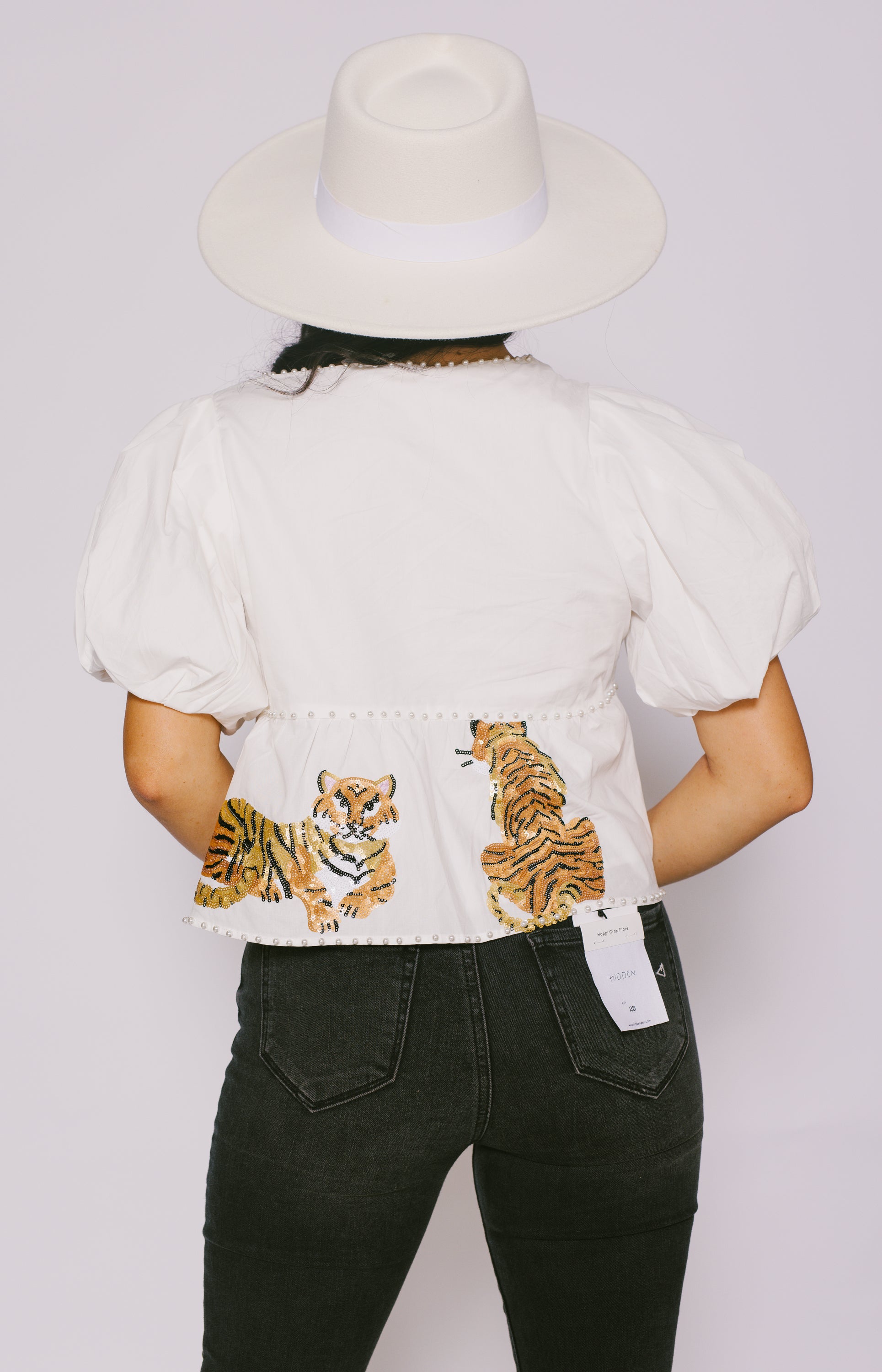 Queen Of Sparkles: Tiger Peplum Cotton Poof Sleeve Top - White