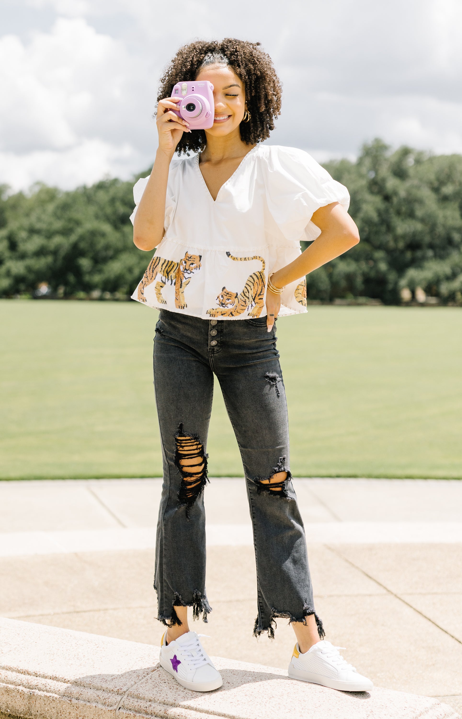 Queen Of Sparkles: Tiger Peplum Cotton Poof Sleeve Top - White