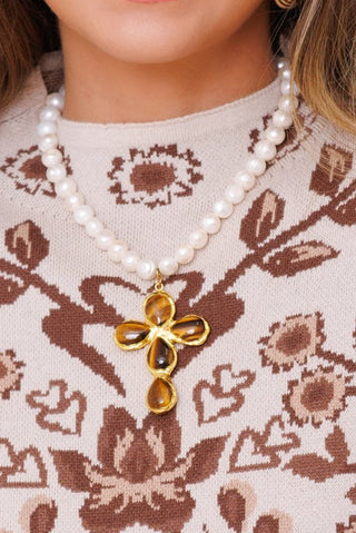 VIRTUE: NECKLACE W/ PEARL CROSS, WHITE/TIGERS EYE