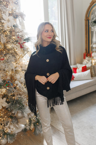 Tassled Elegance Poncho, BLACK