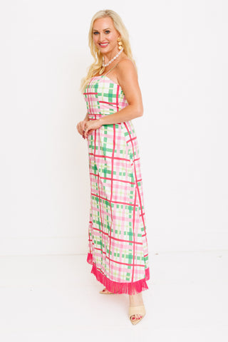 Palm Beach Plaid Fringe Maxi Dress