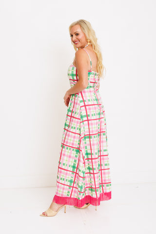 Palm Beach Plaid Fringe Maxi Dress