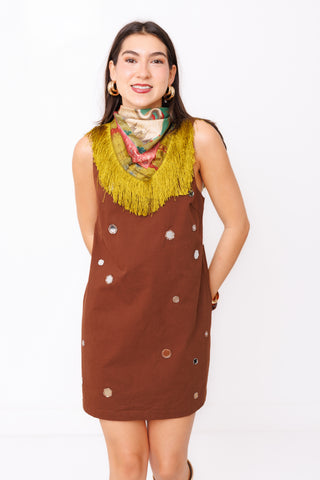 Mirror Mini Dress – chocolate brown square neck shift mini with mirror embellishments – view 2