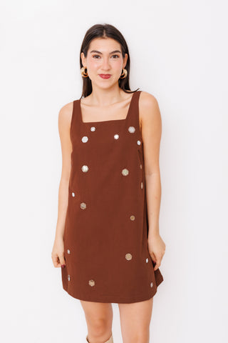 Mirror Mini Dress – chocolate brown square neck shift mini with mirror embellishments