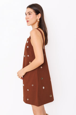 Mirror Mini Dress – chocolate brown square neck shift mini with mirror embellishments – view 3