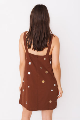 Mirror Mini Dress – chocolate brown square neck shift mini with mirror embellishments – view 4