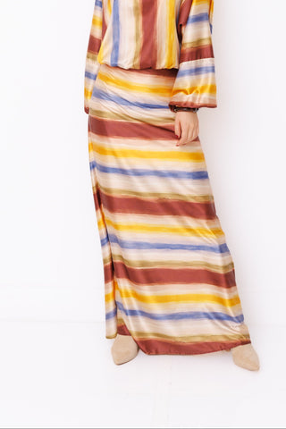 Sunset State of Mind Skirt – warm watercolor stripe high-waisted maxi skirt