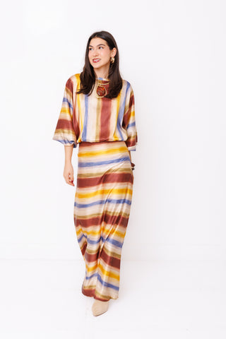 Sunset State of Mind Top – rust, yellow and blue watercolor stripe balloon sleeve blouse – view 2