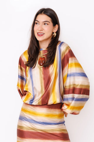 Sunset State of Mind Top – rust, yellow and blue watercolor stripe balloon sleeve blouse