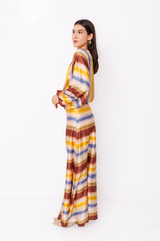 Sunset State of Mind Top – rust, yellow and blue watercolor stripe balloon sleeve blouse – view 3