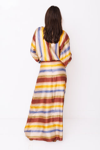 Sunset State of Mind Top – rust, yellow and blue watercolor stripe balloon sleeve blouse – view 4