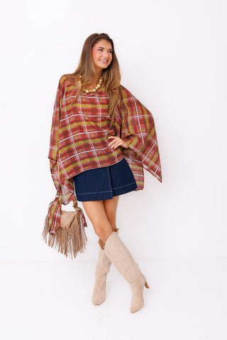 Plaid to Perfection Top – rust, mustard and burgundy plaid blouse with bell sleeves – view 2