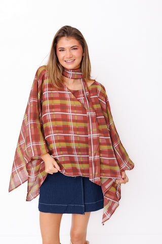 Plaid to Perfection Top – rust, mustard and burgundy plaid blouse with bell sleeves