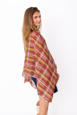 Plaid to Perfection Top – rust, mustard and burgundy plaid blouse with bell sleeves – view 3