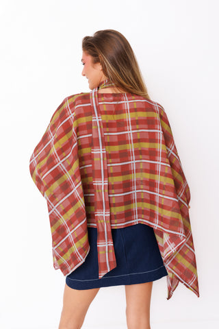 Plaid to Perfection Top – rust, mustard and burgundy plaid blouse with bell sleeves – view 4