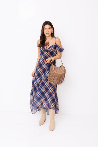Plaid Romance Dress – navy, blue and brown plaid cowl neck maxi with off-shoulder sleeves – view 2