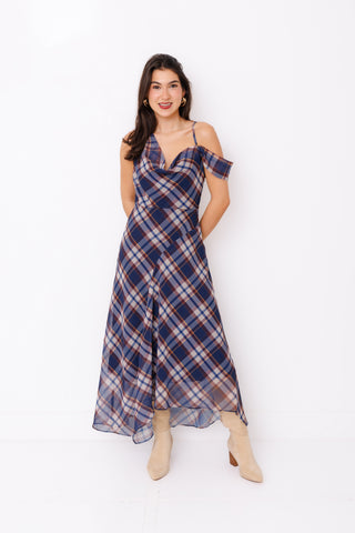 Plaid Romance Dress – navy, blue and brown plaid cowl neck maxi with off-shoulder sleeves
