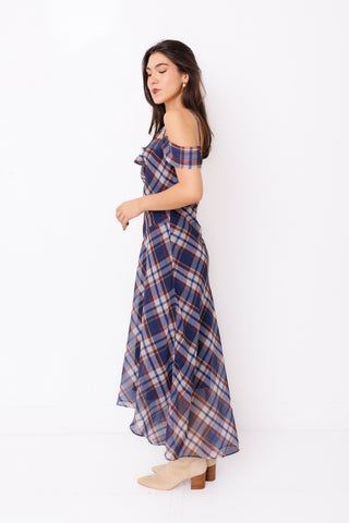 Plaid Romance Dress – navy, blue and brown plaid cowl neck maxi with off-shoulder sleeves – view 3
