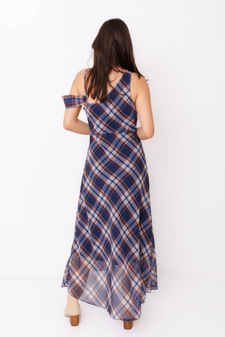Plaid Romance Dress – navy, blue and brown plaid cowl neck maxi with off-shoulder sleeves – view 4