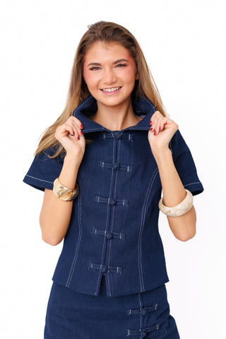 East Meets West Top – dark wash denim short sleeve top with oversized collar and frog buttons
