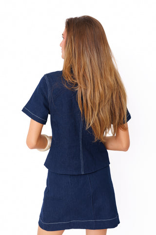 East Meets West Top – dark wash denim short sleeve top with oversized collar and frog buttons – view 4