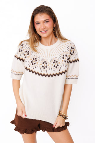 Cozy in Aspen Sweater – cream Fair Isle short sleeve sweater with brown and tan pattern