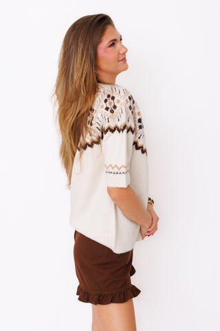 Cozy in Aspen Sweater – cream Fair Isle short sleeve sweater with brown and tan pattern – view 2