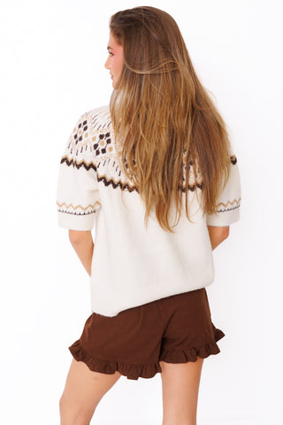 Cozy in Aspen Sweater – cream Fair Isle short sleeve sweater with brown and tan pattern – view 3