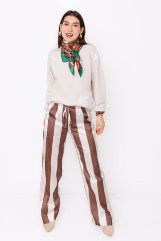 Lace Me Up Sweater – cream knit sweater with floral lace appliques and balloon sleeves – view 2