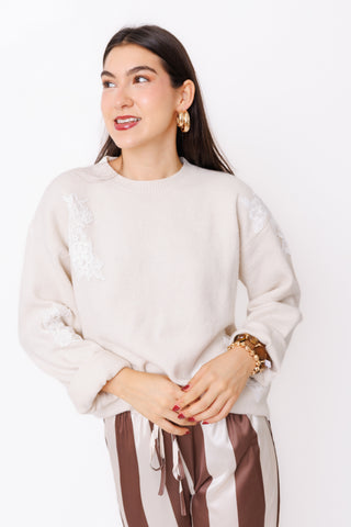 Lace Me Up Sweater – cream knit sweater with floral lace appliques and balloon sleeves