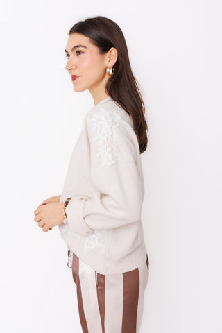 Lace Me Up Sweater – cream knit sweater with floral lace appliques and balloon sleeves – view 3