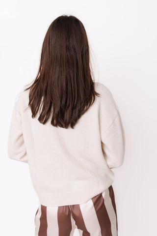 Lace Me Up Sweater – cream knit sweater with floral lace appliques and balloon sleeves – view 4