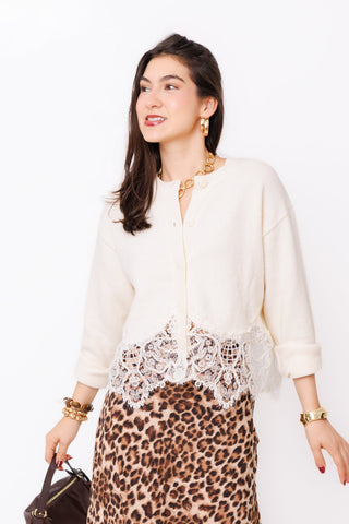 Soft Focus Cardigan – ivory knit cardigan with sheer lace trim hem