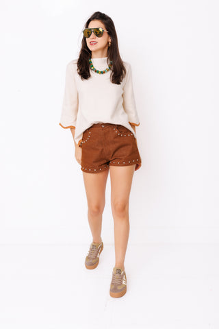 On the Bright Side Sweater – ivory mock neck sweater with contrast camel trim – view 2