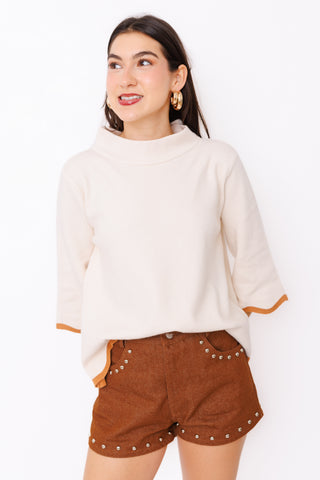 On the Bright Side Sweater – ivory mock neck sweater with contrast camel trim